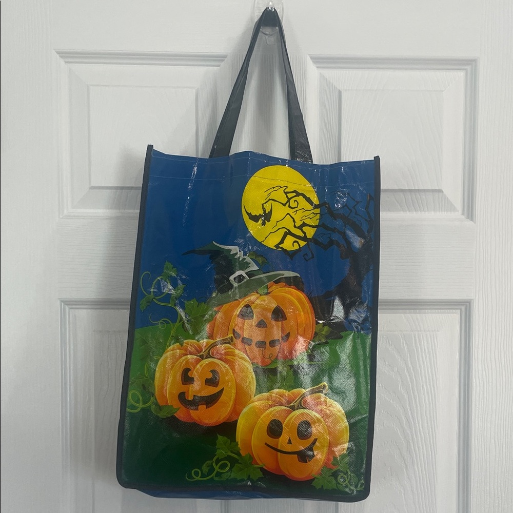 Halloween Pumpkin jack-o’-lantern Tote Bag handles full moon bat spooky colorful